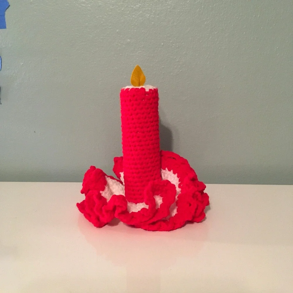 Vtg‎ Handmade Pair Crochet Christmas Holiday Candle Frill Skirt Felt Flame Decor